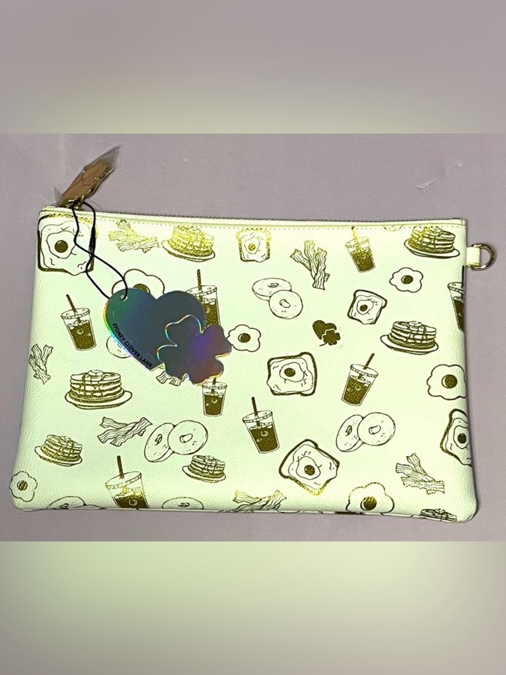 NWT Stoney Clover Lane Limited Edition Brunch Print Large Flat Pouch White Gold